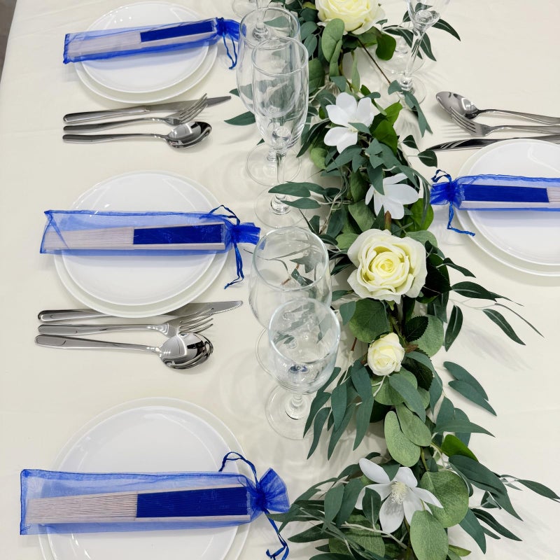 SL crafts 24pcs Imitated Silk Hand Fan Imitated Silk Fabric Bamboo Handheld Folded Fan Bridal Dancing Props Church Wedding Party Favors with Organza Bags (Royal Blue) - Image 3